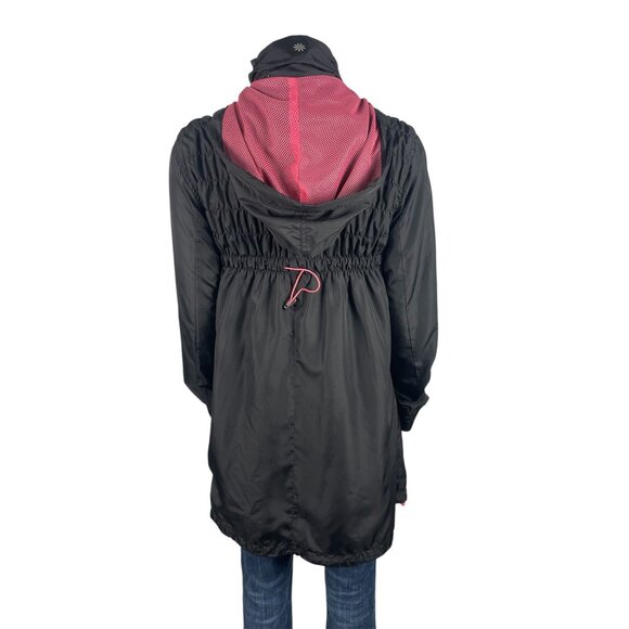 Athleta Shock Cord Anorak Hooded Jacket Black XS Long Length Mesh Lining Ruched - Picture 14 of 14